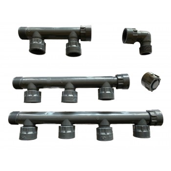Collettore bocchettonato componibile 4-3-2 uscite 1" femmina gomito e tappo c/O-Ring PVC varie combinazioni